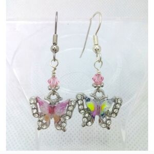 Whimsical Dangle Butterfly Charm Eaerrings Hand Made Pink Colorful Wings Sparkle